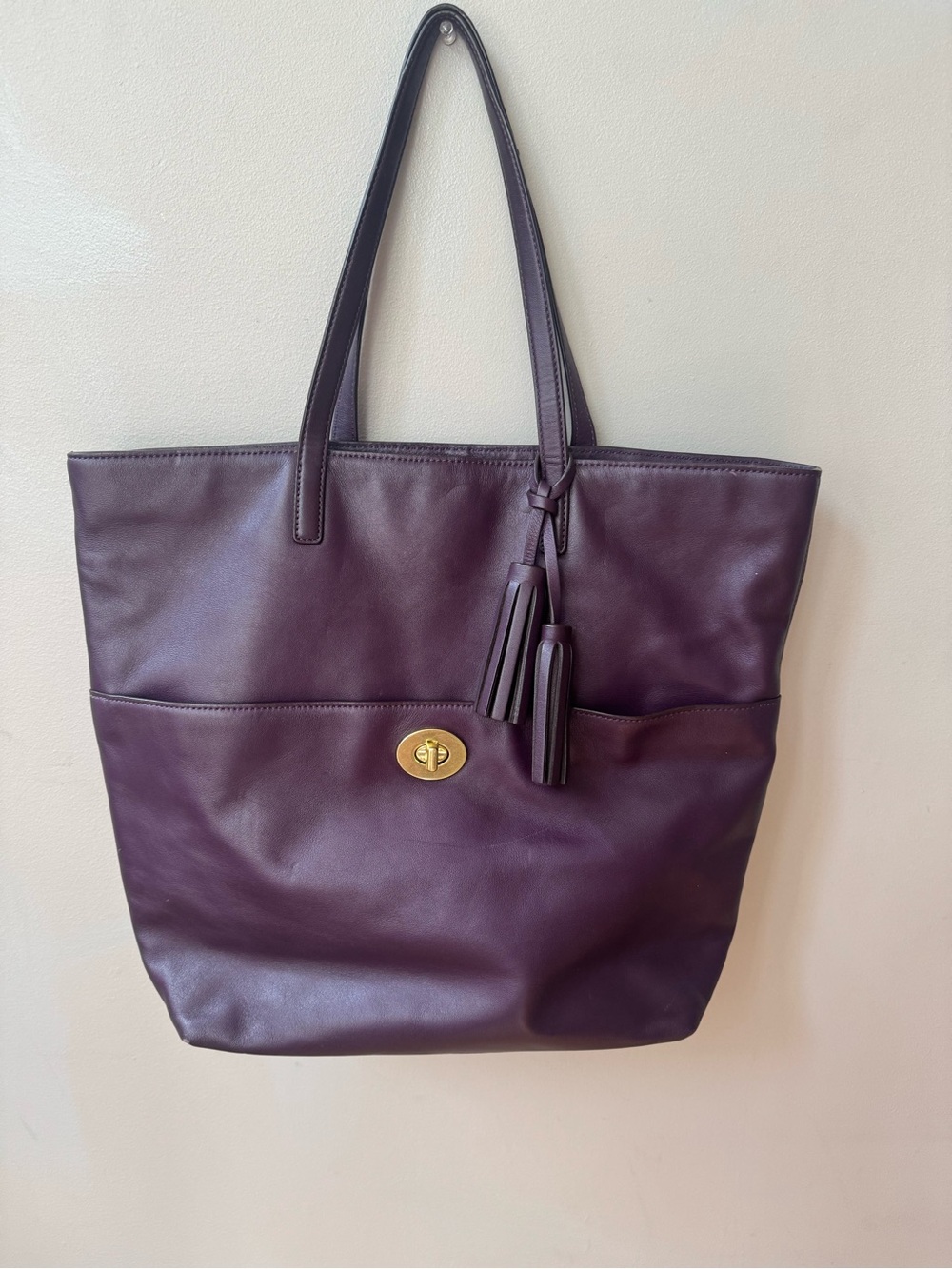 Coach Legacy Turnlock Leather Tote Bag in Deep Port with Tassel Accent